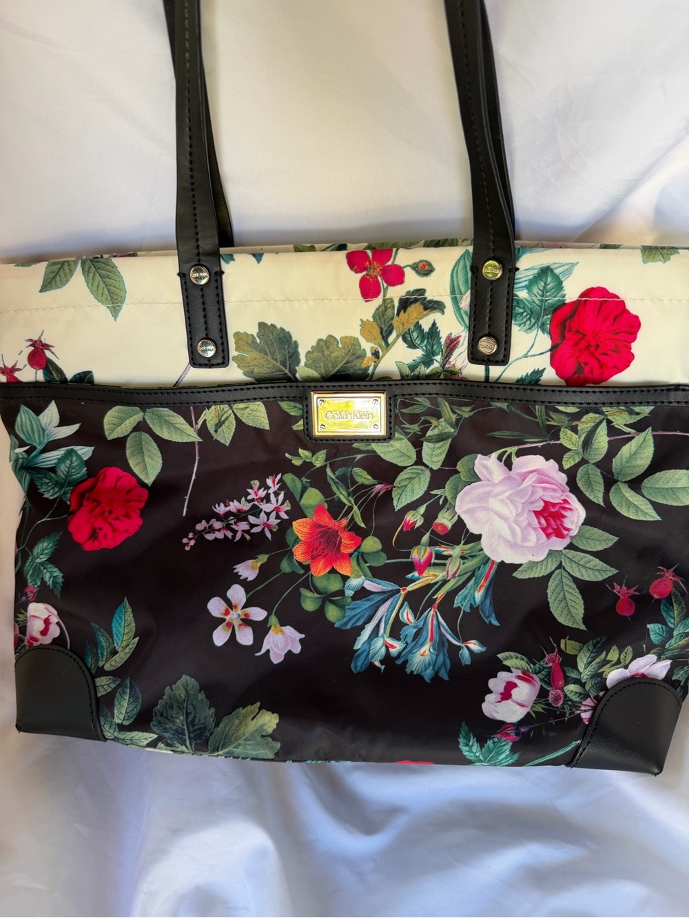 Calvin Klein Black Floral Tote with Multicolor Blooms